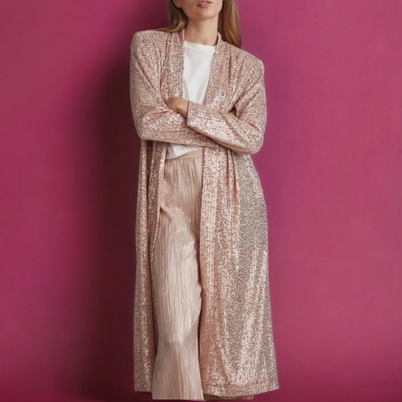 Mare Mare x Anthropologie Longline Sequin Kimono XS Rose Gold Pink Open Duster - Picture 10 of 11